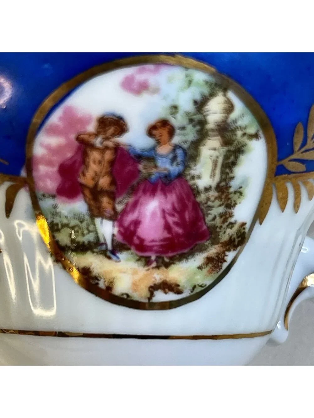 Vintage Cobalt Blue and Gold Teacup Saucer Set Courting Couple Fragonard Style